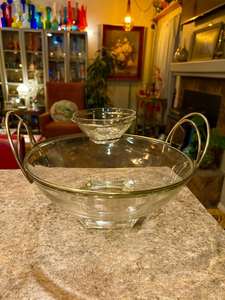 Vintage 1950s Jeanette Glass and Brass Chip Dip Serving Bowl Mid-Century Modern