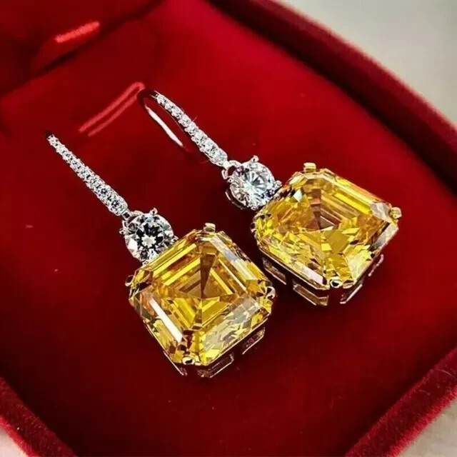 Asscher Cut Simulated Citrine Dangle Earrings in 14k White Gold Plated