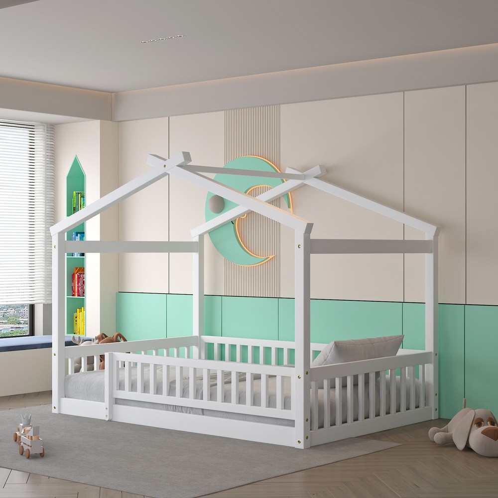 Full Size Wooden House Bed Frame with Safety Fence for Kids Teens Boys Girls in White