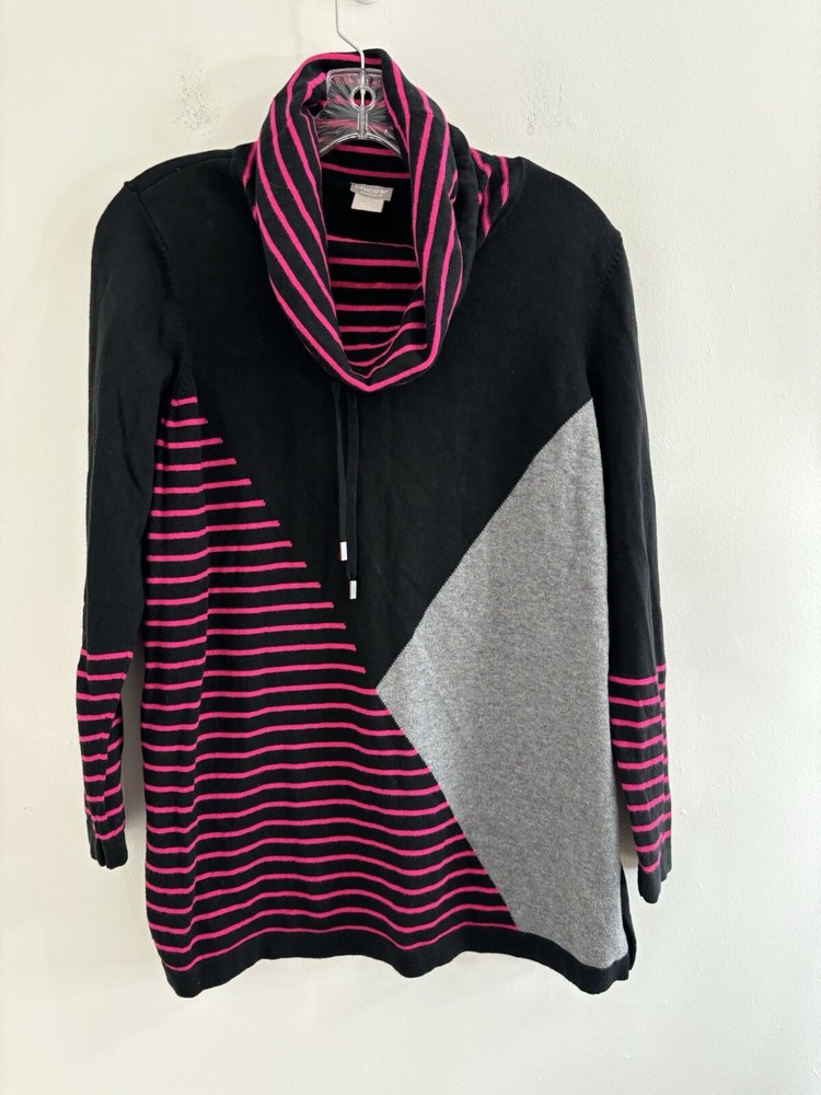 Chico’s Zenergy cowl neck sweater Sz 2 Large Striped Blocked Gray/pink/ Black