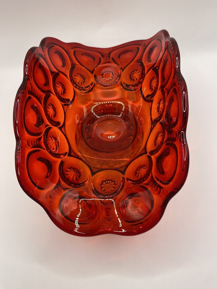 Vintage LE Smith Moon and Stars Banana Boat Glass Ruffle Vase Compote Red Amber