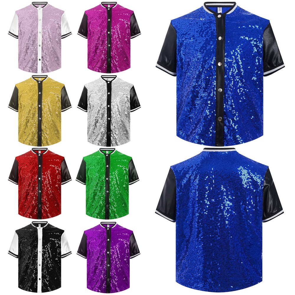 US~ Boys Girls Glittery Sequins Shirts Blouse Hip Hop Street Dance Tops Costume