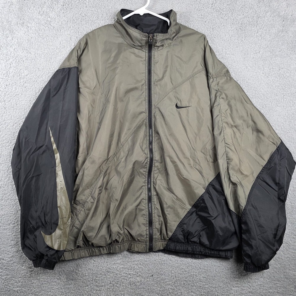 Vintage Nike Jacket Mens XXL Green Black 90s Big Swoosh Full Zip Windbreaker