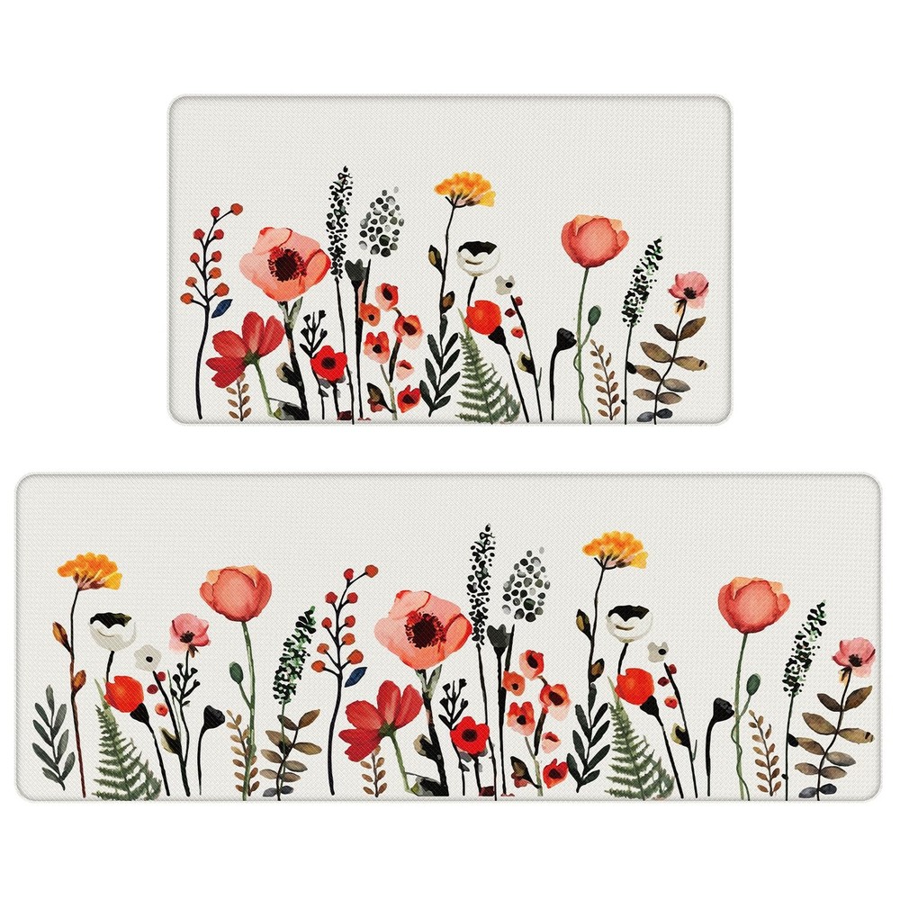 Colorful Floral Fern Kitchen Floor Mats 2-Piece Set Non-Slip Multi-Colored Design