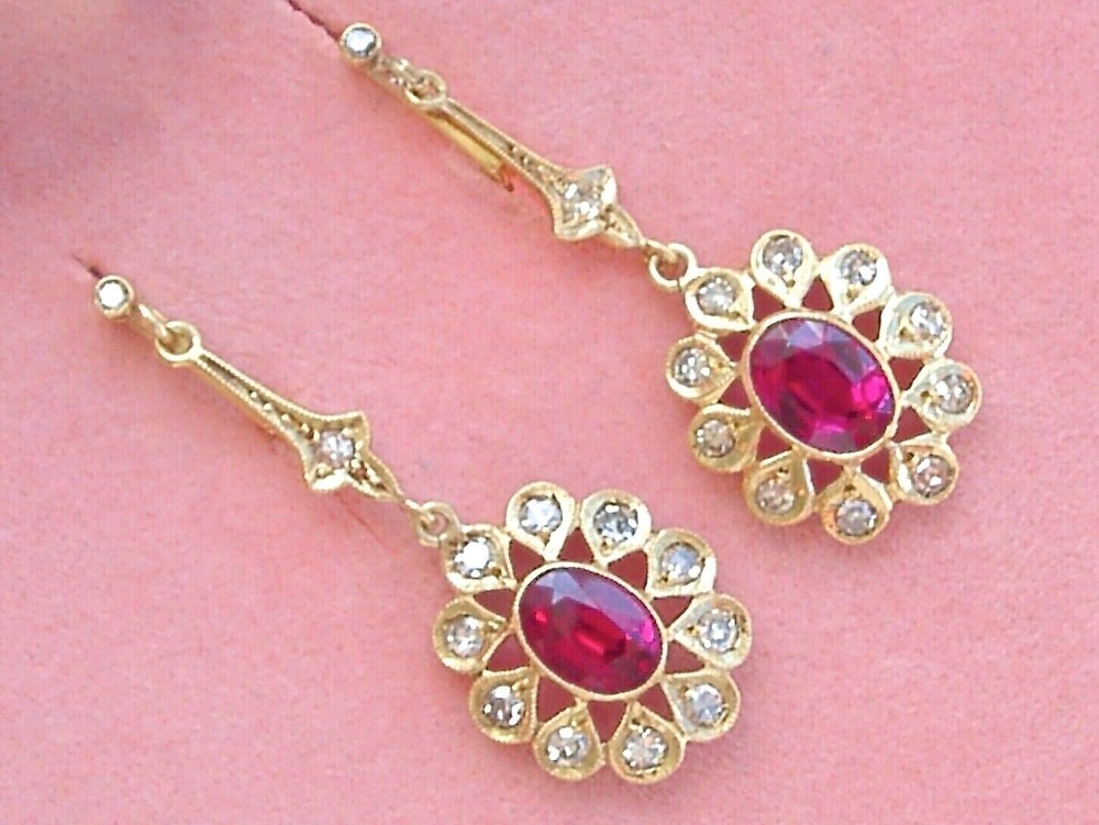 Oval Cut Pink Simulated Ruby Drop Dangle Earrings in 14k Gold Plated