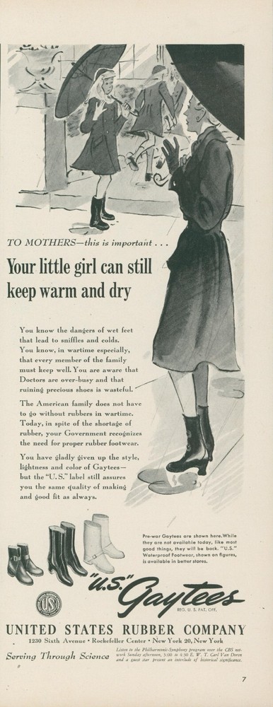 1944 US Gaytees WWII Rubber Rain Boots & Umbrella Vintage Ad L22