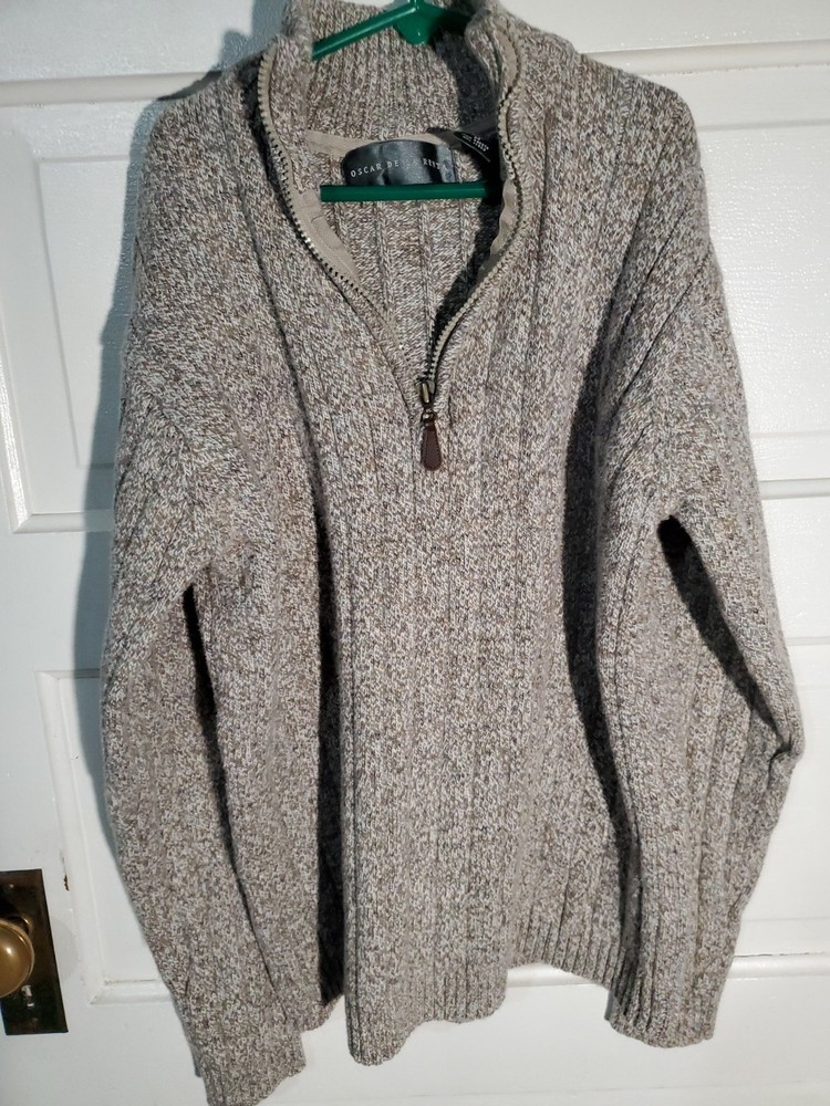 Oscar De La Renta Mens 1/4 Zip Pullover Sweater Sz Med Tan Sherpa Collar L/S Wrm