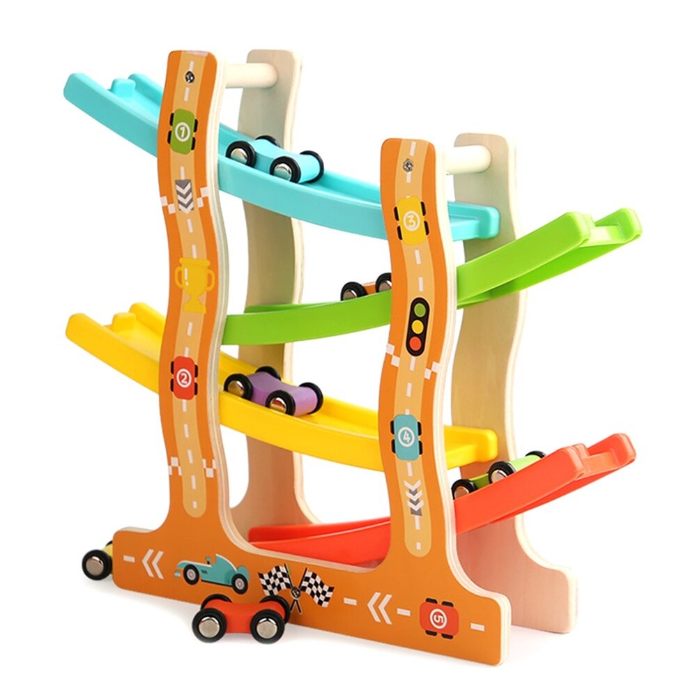 Wooden Racing Slide Cars Track Parking Lot Toys Gliding Ladder Vehicles DIY5752