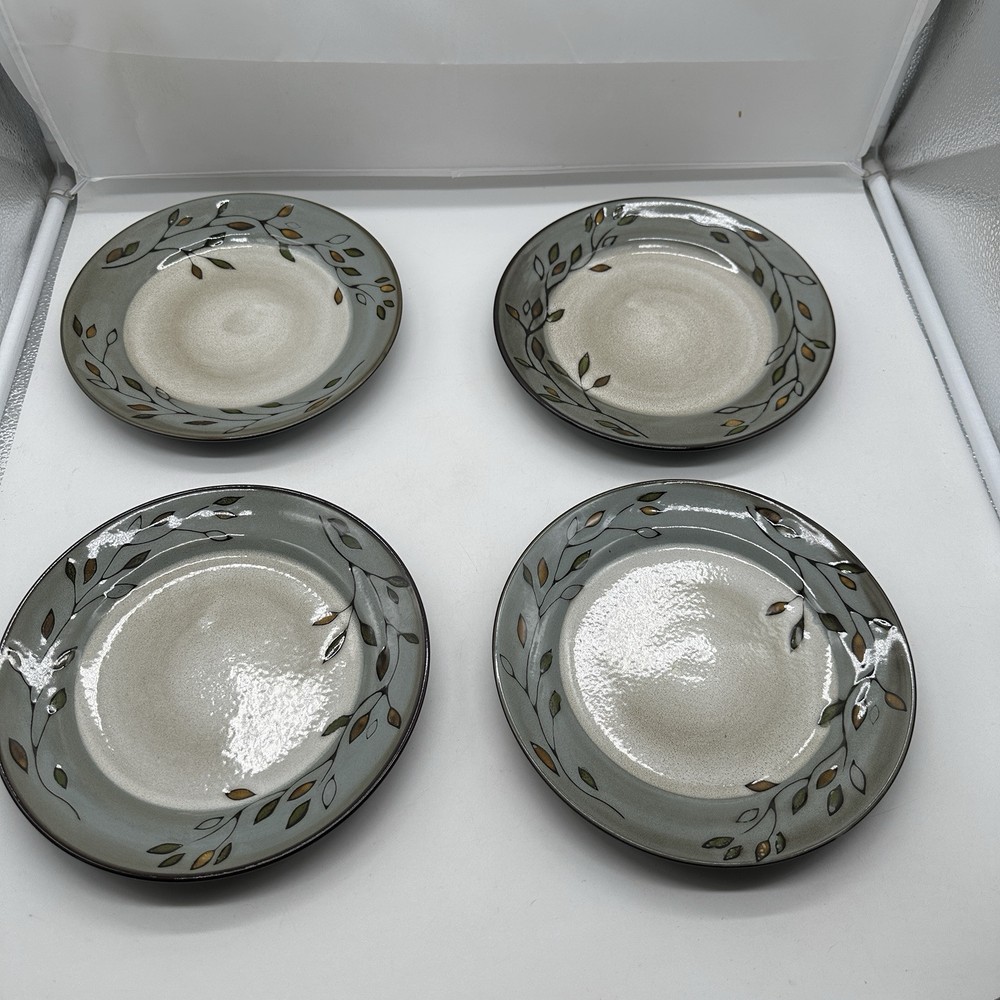 Pfaltzgraff Pastoral Leaves 4-Piece Salad Dessert Plates Gray Gold Leaf Design  