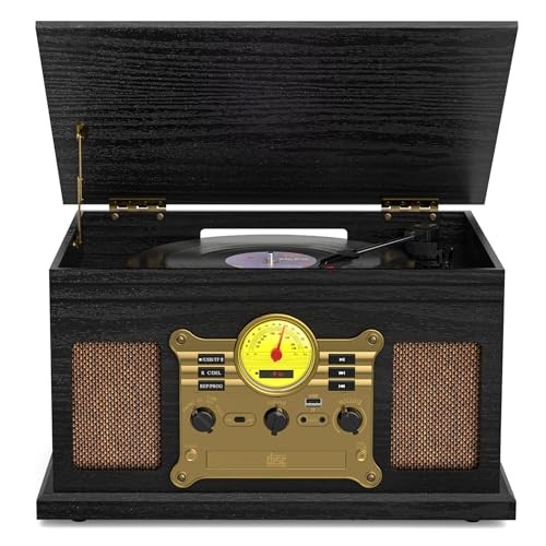 10-in-1 Vintage Bluetooth Turntable with Built-in Speakers - Black Wood Finish