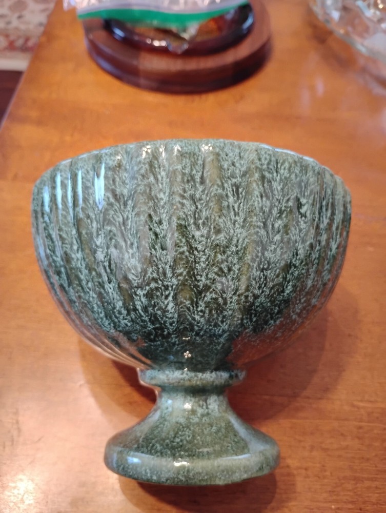 Vintage Haeger turquoise ribbed pedestal vase 4x5 inches blue green midcentury