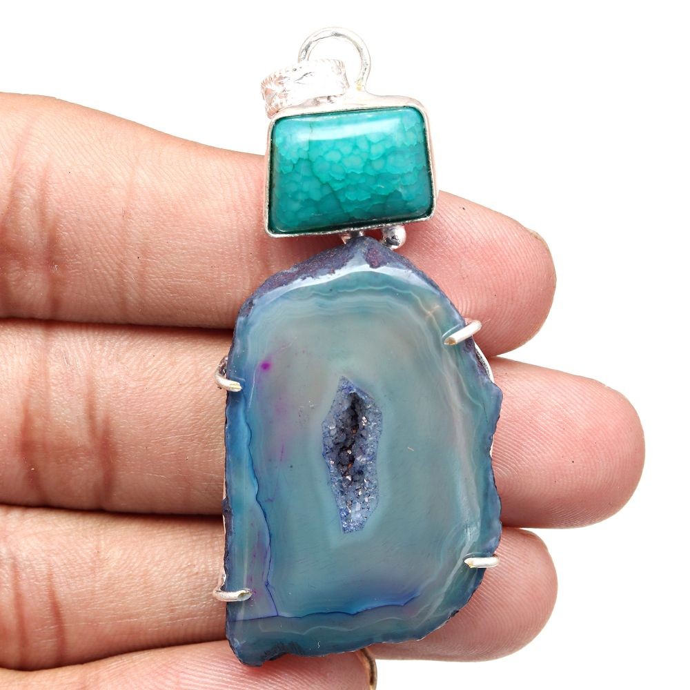 Green Drusy Gemstone Pendant Handmade Sterling Silver Necklace 2.5 Inch