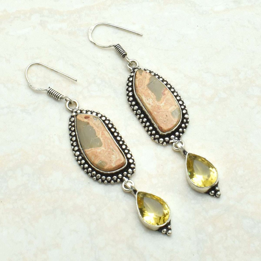 Leopard Skin Jasper and Citrine Gemstone Drop Dangle Earrings 2.72 Inches AE-7273