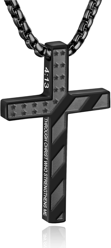 American Flag Bible Verse Cross Necklace for Boys Men 316L Stainless Steel Chain