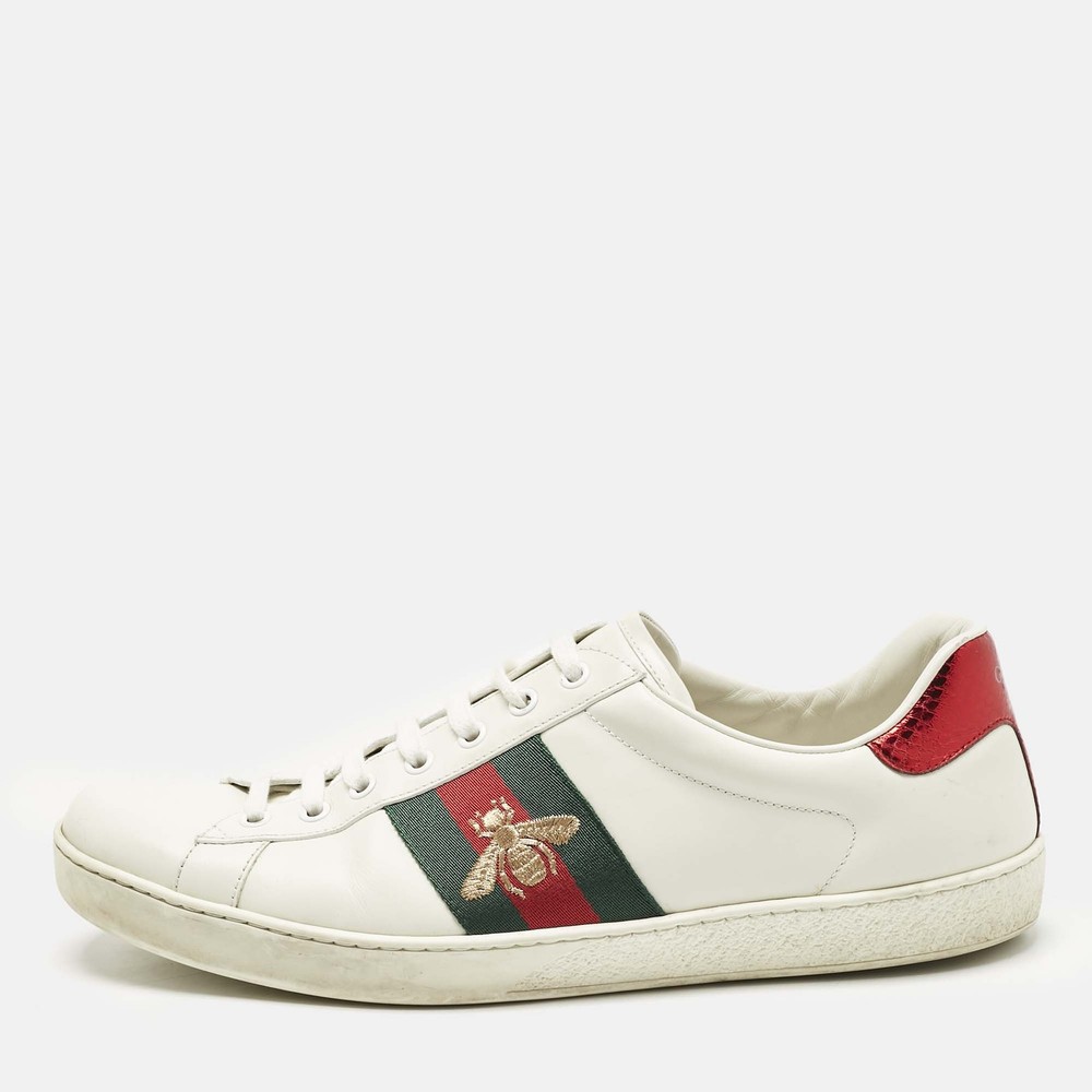 Gucci Ace Bee Embroidered White Leather Low Top Sneakers Size 44