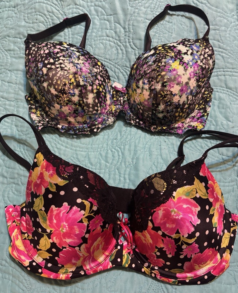 Lote de 2 Sujetador Push-Up Victoria's Secret Muy Sexy 36D Floral Negro Encaje Ribete