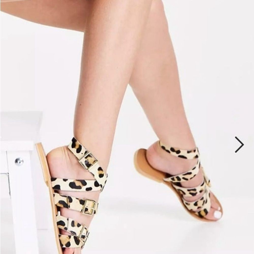 ASOS Design Fion Strappy Flat Leopard Print Sandals Size US 7 UK 5 VGUC