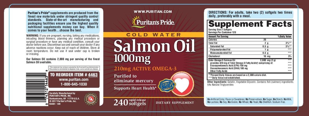 Puritan's Pride Omega-3 Salmon Oil 1000 mg (210 mg Active Omega-3) -240 Softgels
