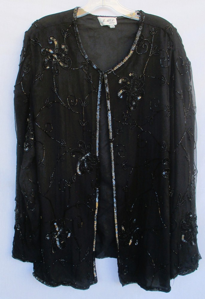 Vintage JMD Womens Jacket 3X Black Silk Chiffon Floral Beaded Sequin Formal 90s