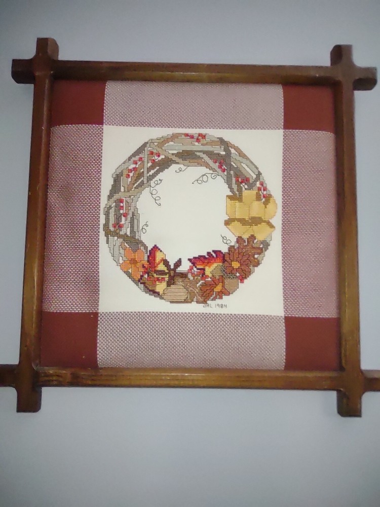 Vintage 1984 Framed Cross Stitch Needlepoint Farmhouse Cabin Fall Wreath Wall Decor