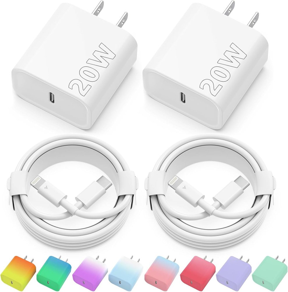 Fast Charging iPhone Charger 2-Pack 20W USB-C Wall Block with MFI Cables