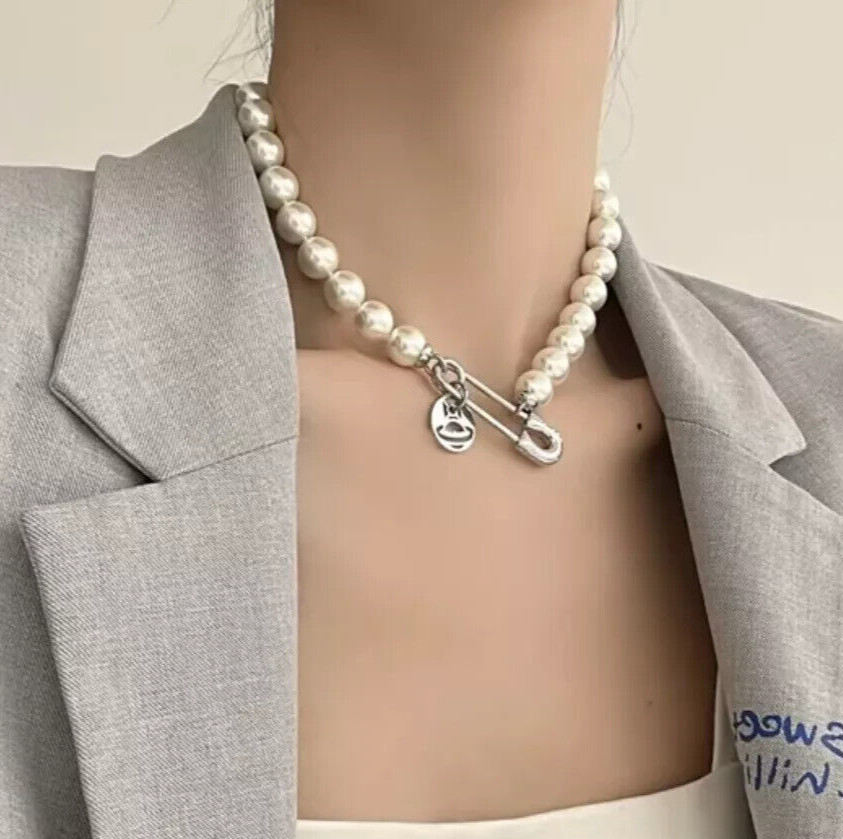 Vivienne Westwood Silver Tone Saturn Orb Pearl Necklace with Safety Pin