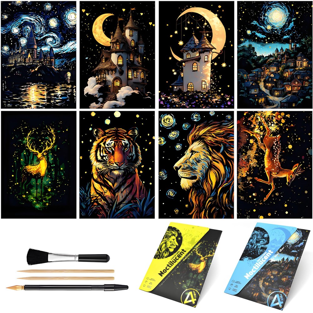 8 Sheet Glow In The Dark Scratch Art Rainbow Painting Paper A5 Craft DIY