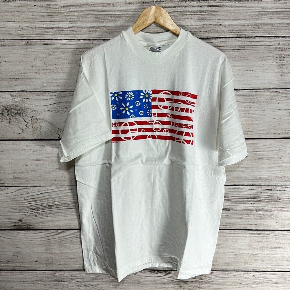 Vintage USA Hippie Flag Tee Shirt 90s One Love Music Rap Nirvana Peace Hanes XL