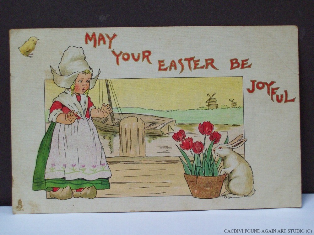 Cute Dutch Girl Easter Postcard Bunny Rabbit Eating Tulips Red Flowers Chick Old