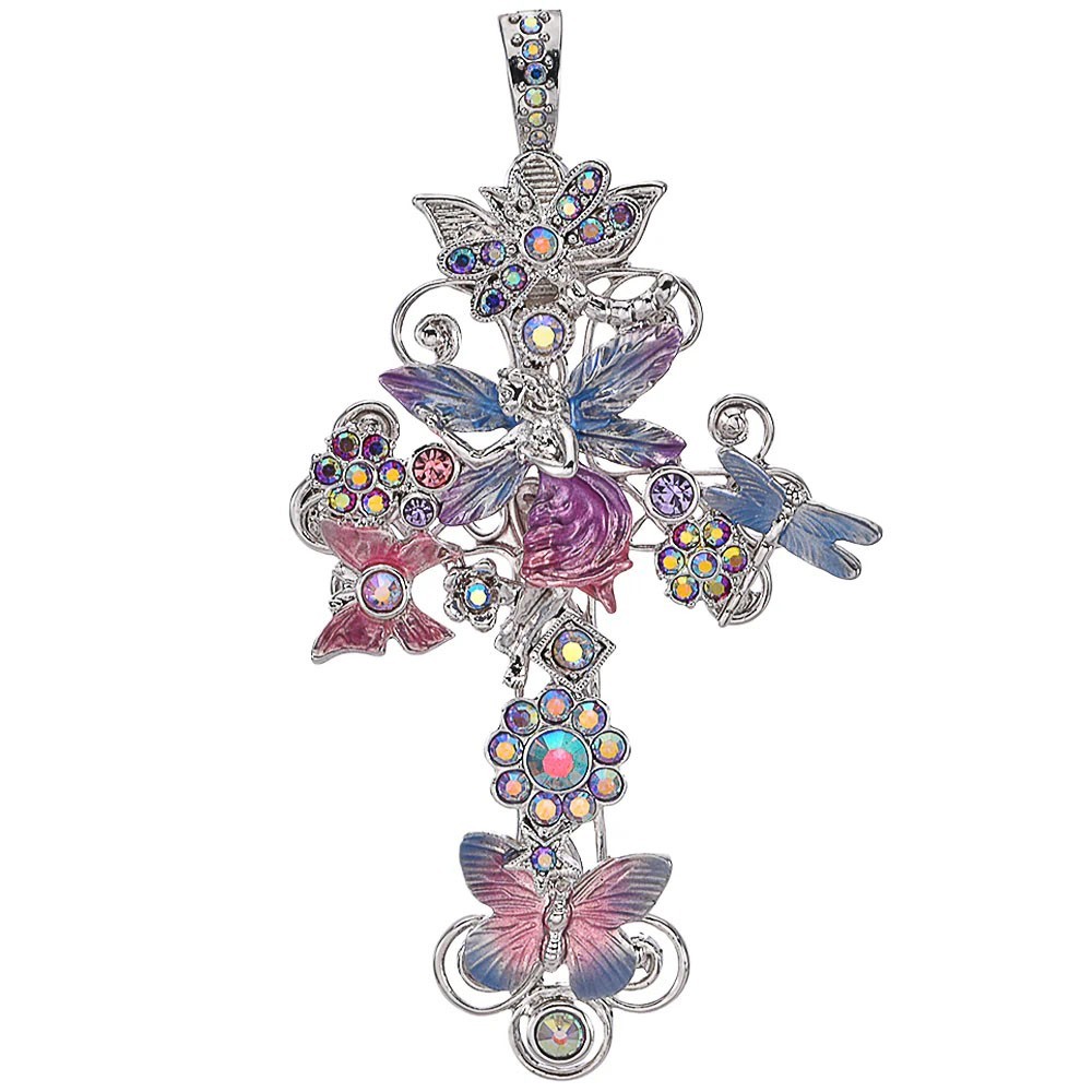 Kirks Folly  Enchanted Garden Fairy Cross Foldover Pendant stering silvertone