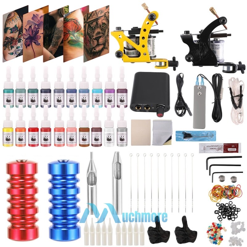 Profession Tattoo Kit Set 20 Color Inks Power Supply 2 Machine Guns Needles Tips