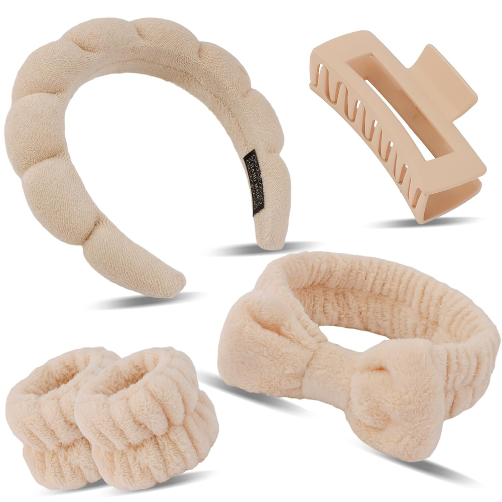Spa Headband Wristband Set with Hair Clips for Skincare and Face Washing