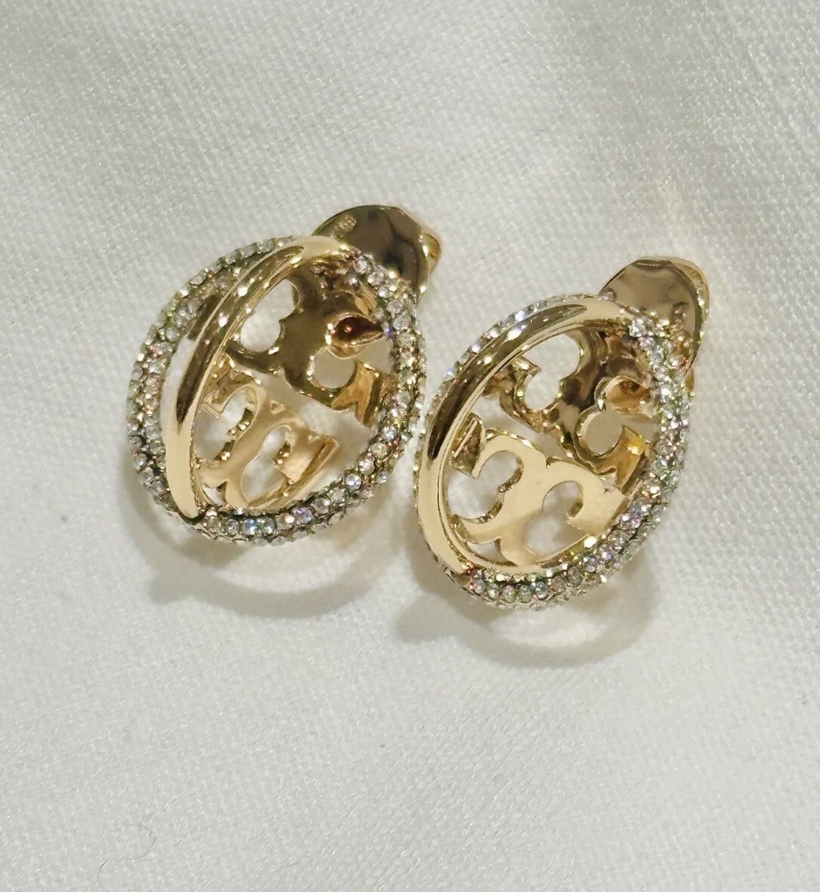 Tory Burch Lady Crystal Double Circle T Logo Stud Earrings