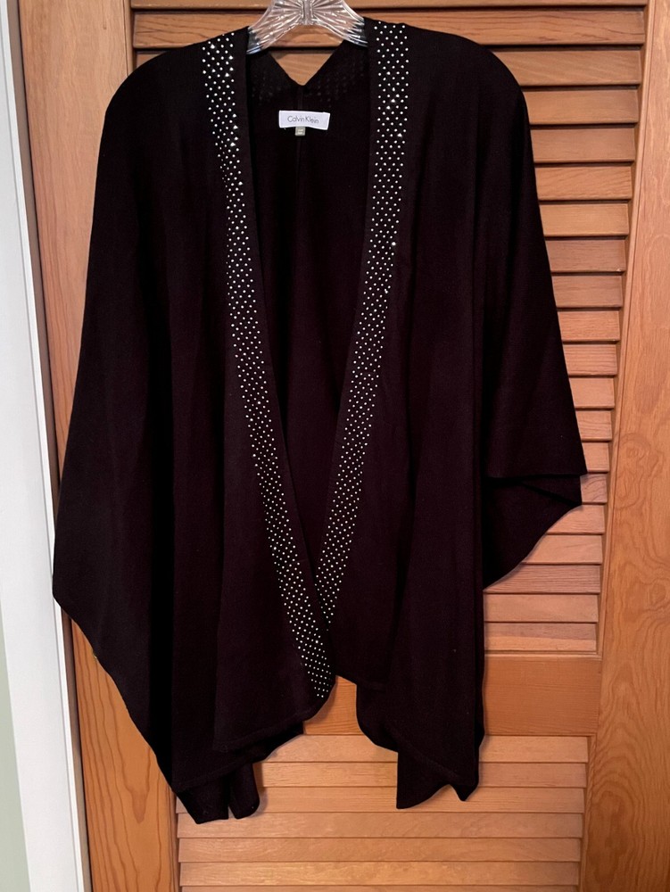 Calvin Klein Soft Black Ruana Shawl Wrap Sweater with Shiny Stud Accents One Size