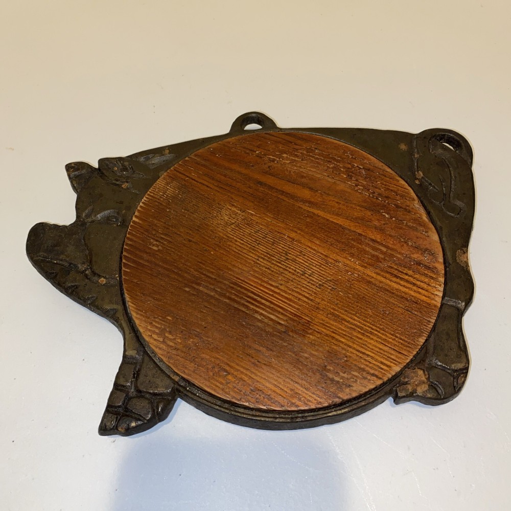 Vintage Cast Iron Pig Footed Trivet Wood  Kitchen Hot Pad Rustic Farmhouse