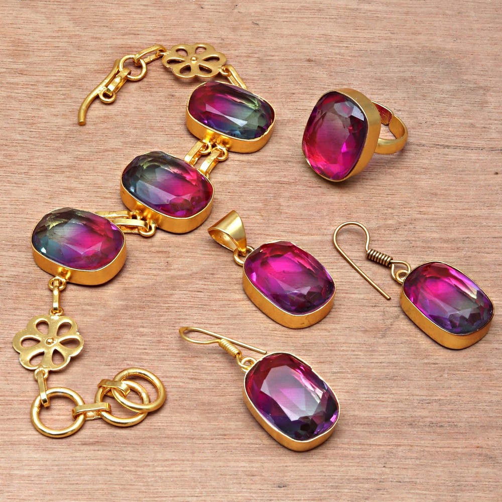 Bio-Tourmaline Quartz 14K Gold Plated Bracelet and Earring Set 7-8 Inches