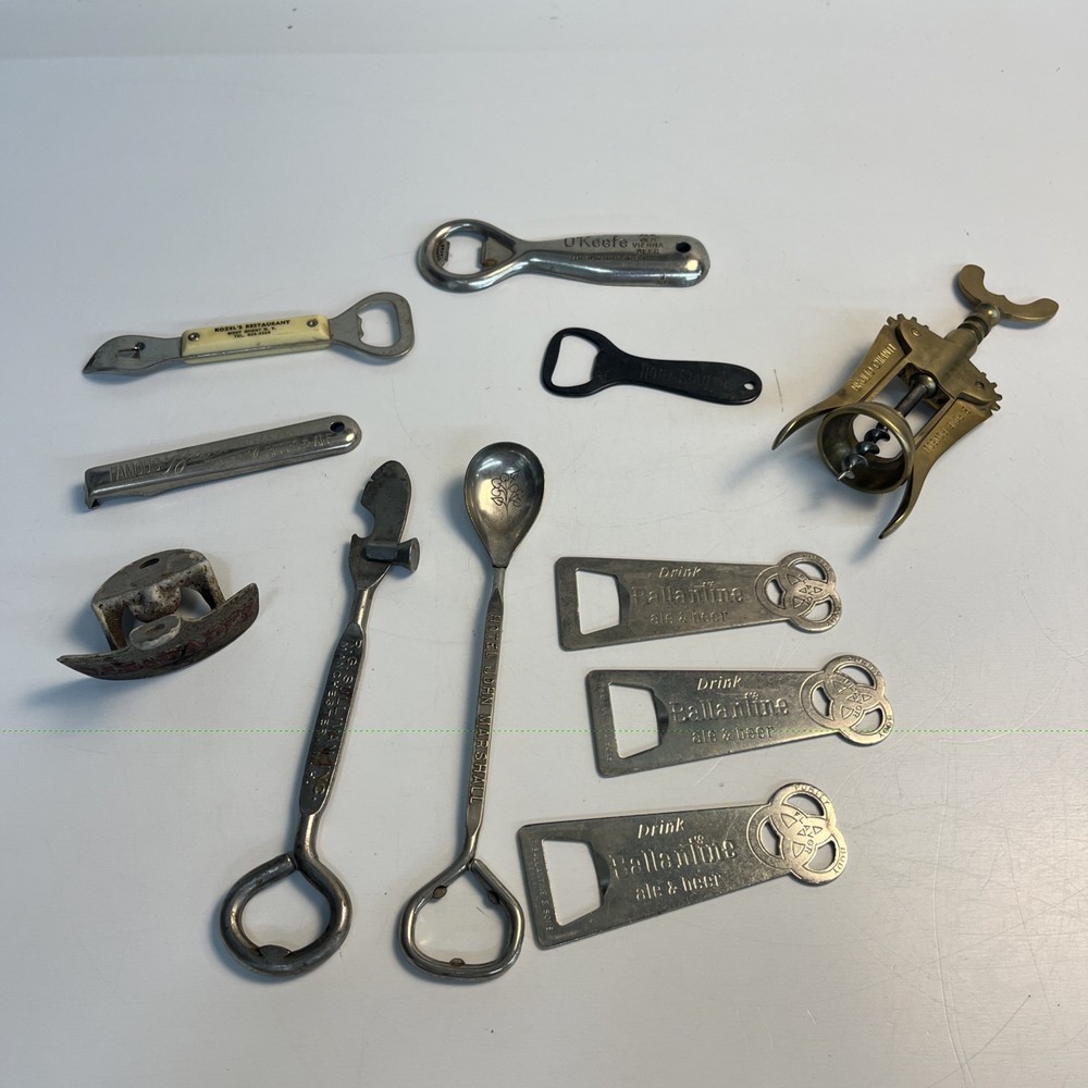 Lot of 11 Vintage Bottle Openers Ballantine Ale O’Keefe Canada Dry Hotel Ads