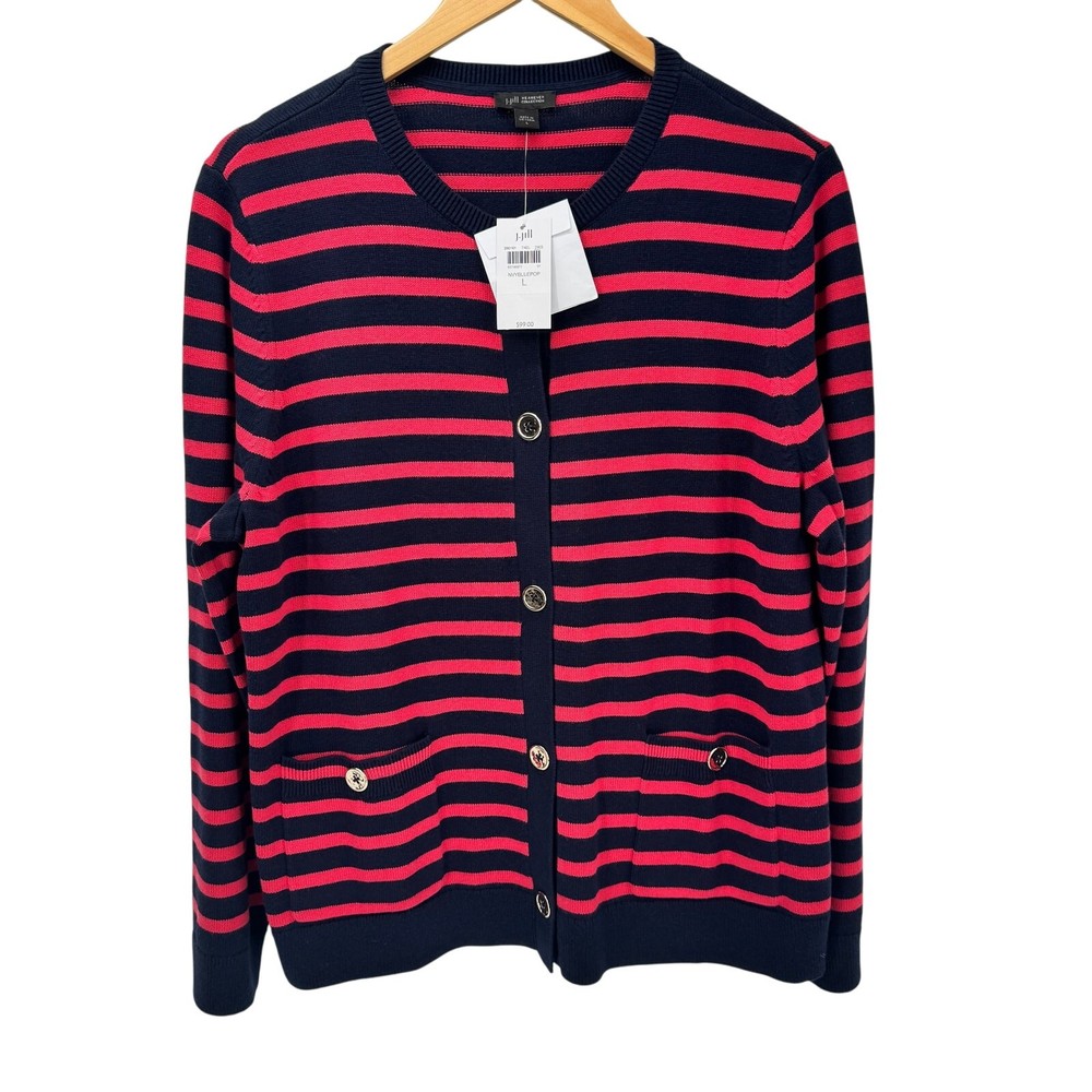 J Jill Sweater Womens Large Navy Blue Pink Stripe Cardigan Knit Coastal NEW $99