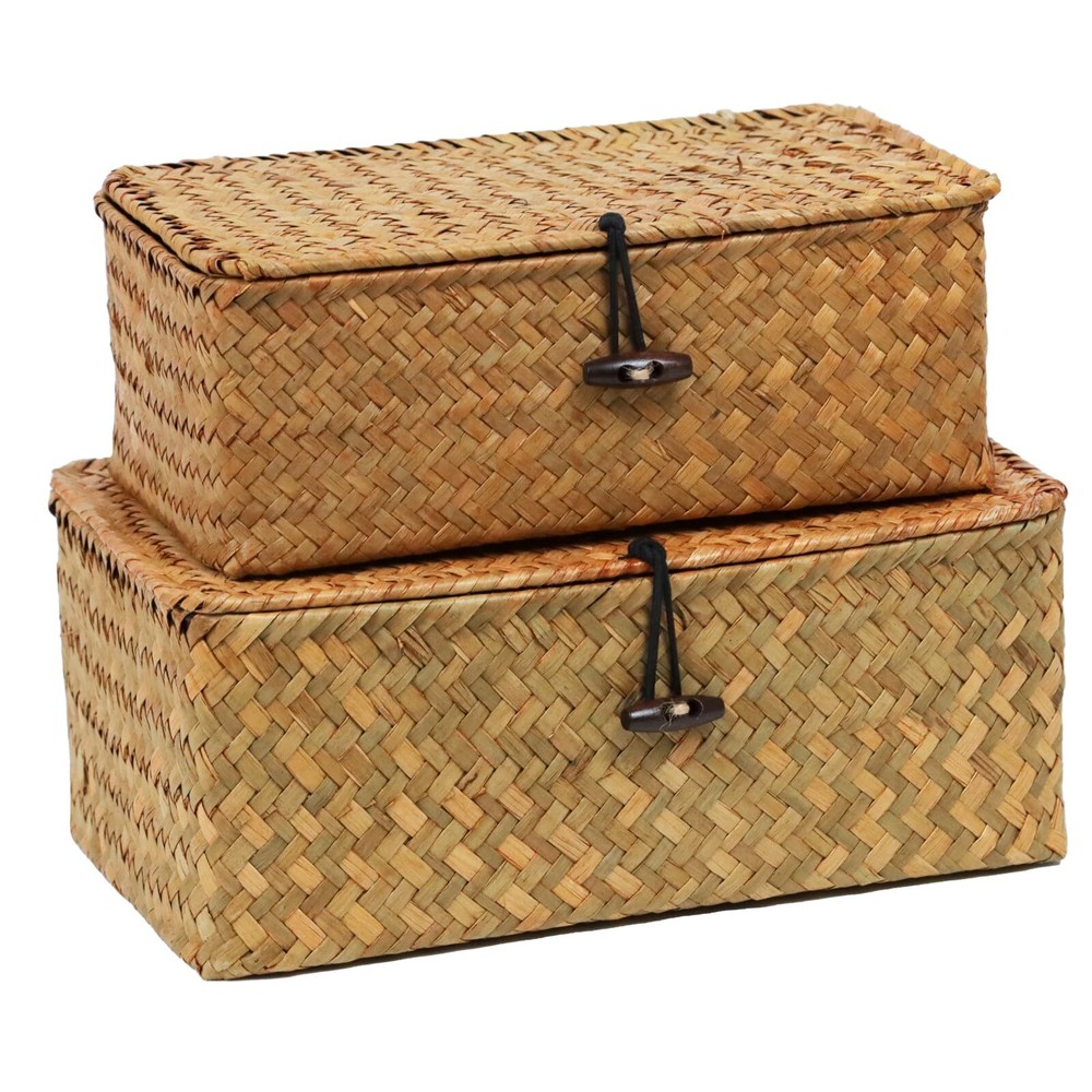 Set of 2 Wicker Basket with Lid, Seagrass Woven Basket for Storage, Decorativ...
