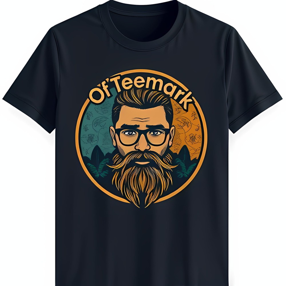 Stylish Black T-Shirt with Graphic of Bearded Man in Glasses 'Of Teemark' Design