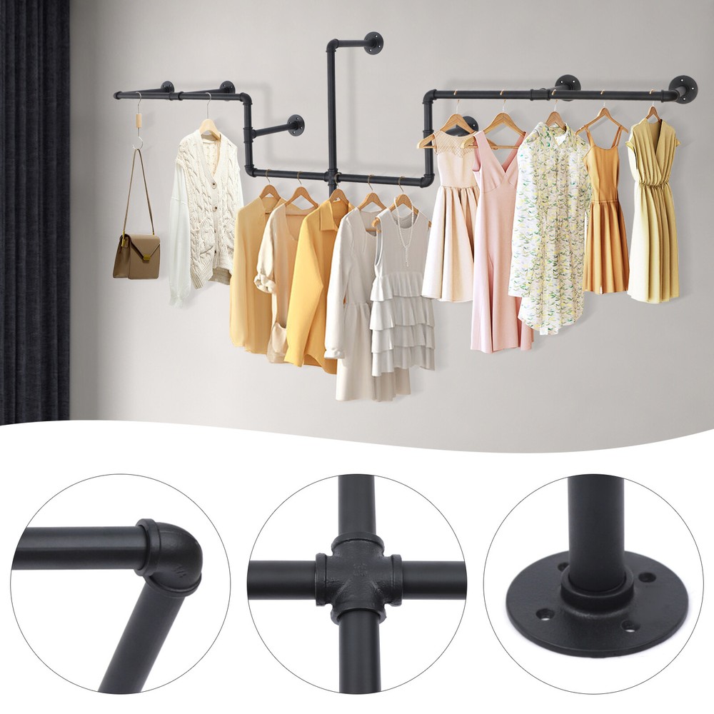 Industrial Pipe Wall Mounted Garment Rack - Clothes Hanging Bar Display Stand