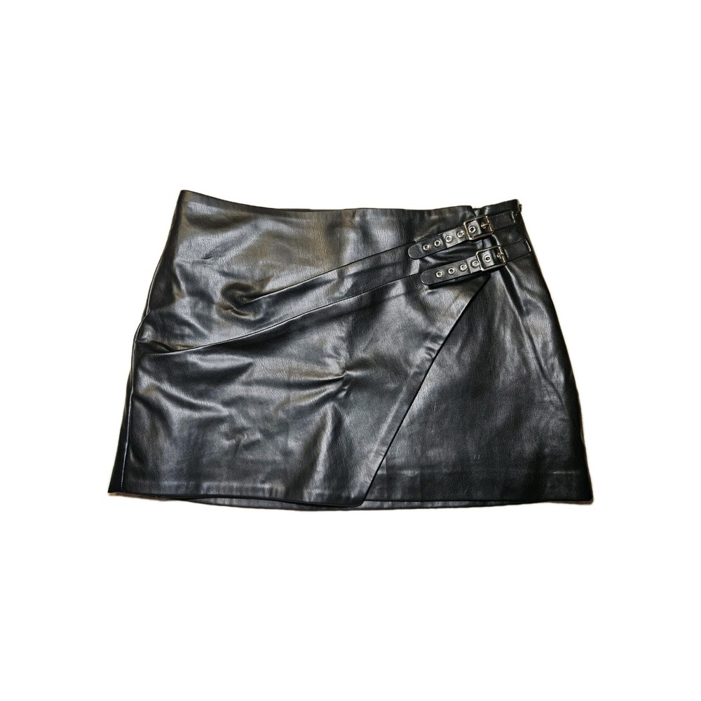 Zara Women's Black Side Buckle Faux Leather Mini Skirt Size M