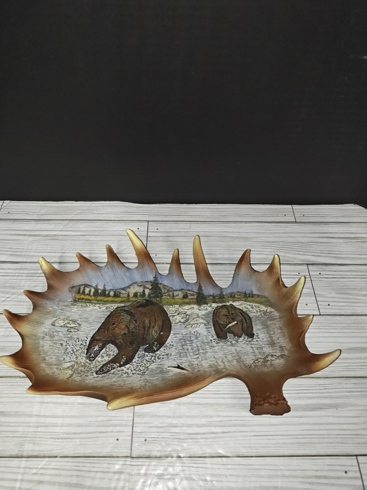 Wilderness Moose Antler Grizzly Bears Salmon Rugged Cabin Decor Resin Art  