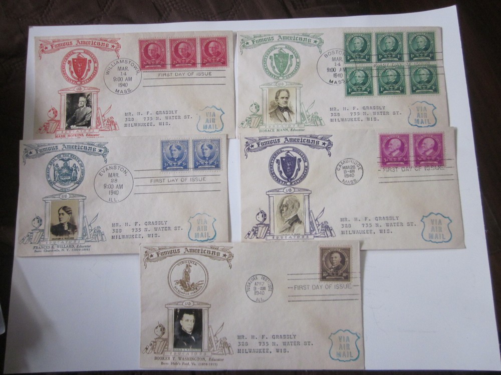 5 FDCs American EDUCATORS Crosby PHOTO Cachets 1940 SENT AIRMAIL 869-873