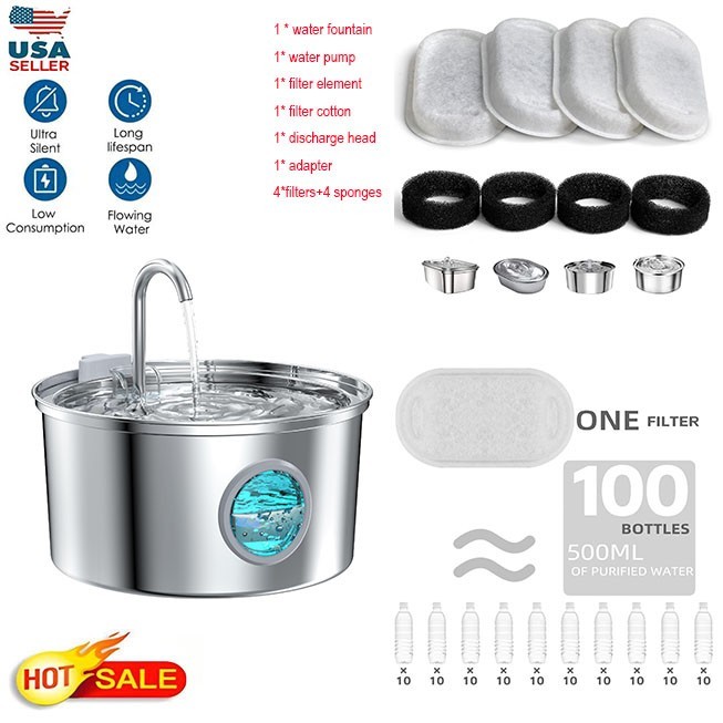 Stainless Steel Cat Water Fountain 3.2L Pet Drinking Fountain Dispenser for Cats