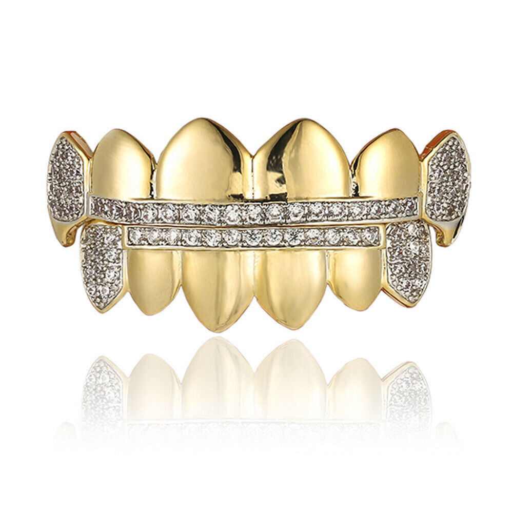 14K Gold Plated Hip Hop CZ Teeth Grillz Top Bottom Mouth Silver Grill Set Custom