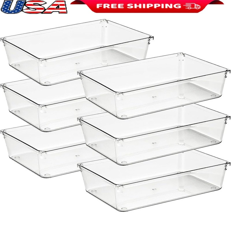 6 Pack Clear Non-Slip Drawer Organizers for Makeup Office Kitchen Storage