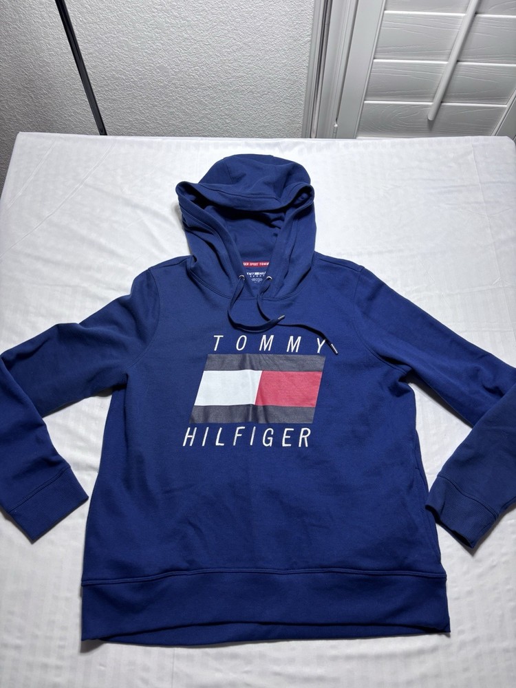 Tommy Hilfiger Boyfriend Hoodie Women's Large Blue Spell Out Logo Sport