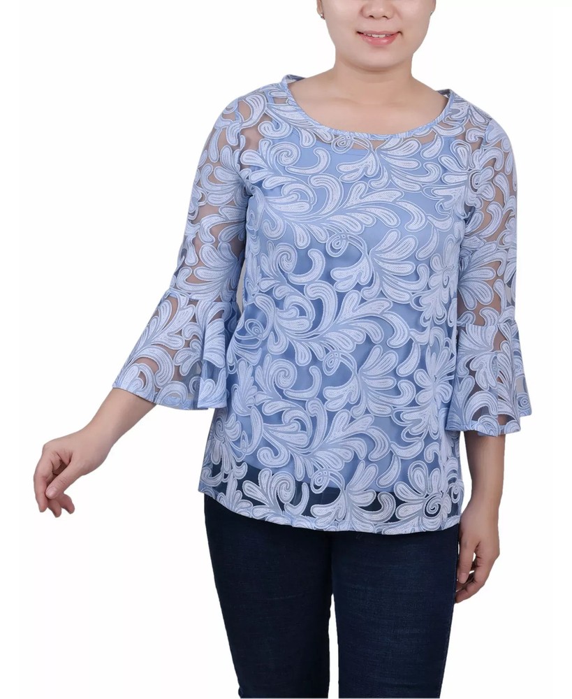 NY Collection Women's Top Petite PS Burnout Bell-Sleeve