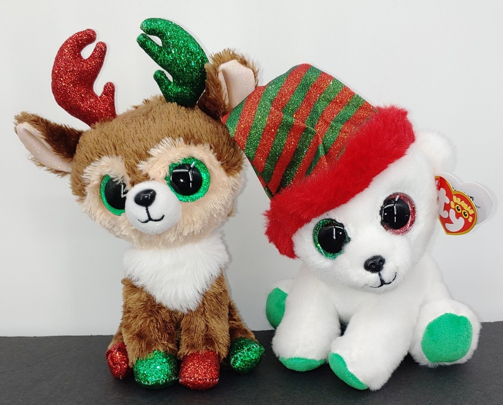 Lot Of 2 Ty Beanie Boos Kinley And Paxton Reindeer Polar Bear Christmas Plush
